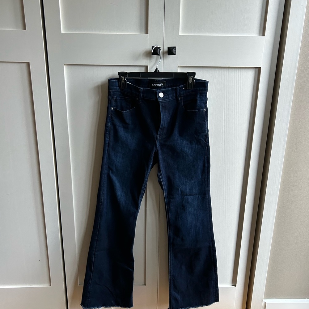Express Slim Flare Jeans with distressed bottom, 12R